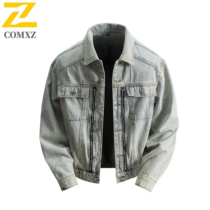 

COMXZ Мужская джинсовая куртка модная с воротником-стойкой уличная велосипедная ветрозащитная мотоциклетная куртка уличная отличительная осенняя ветровка