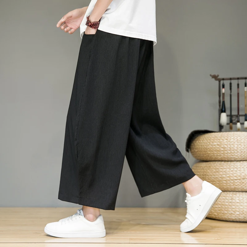 Summer Cool Calf-length Pants Comfortable and Breathable Thin Ice Silk Casual Pants Fashion Wide Leg Pants Man