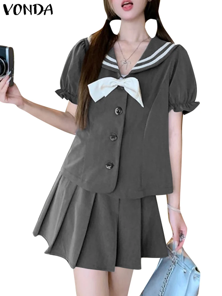 

VONDA Summer Dress Sets Women Outfits 2025 Bow Suits Casual Puff Sleeve Short Skirt Sets Sailor Collar Solid Color Matching Sets