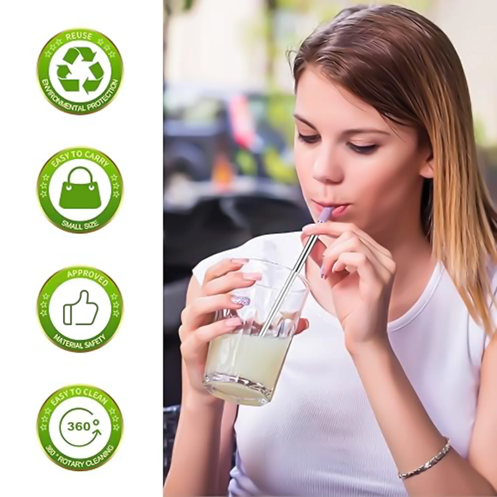 Reusable Pocket Straws Retractable Stainless Steel Straws with Cleaning Brush Portable Folding Straw Set with Keychain Organizer