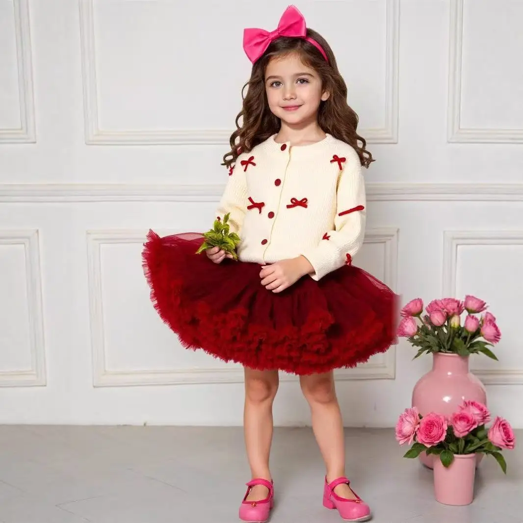 

Autumn And Winter Collection Christmas Round Neck Long Sleeve Versatile Outerwear Bow-Tie Knitted Cardigan Girls' Tutu Skirt Set