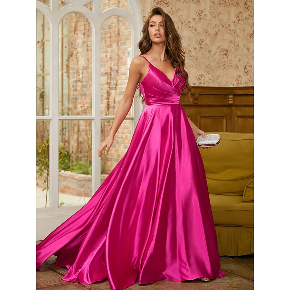 Eleganckie paski Spaghetti wieczorowa sukienka wieczorowa dla kobiet 2022 Hot Pink Aline Satin wzburzyć Plus rozmiar długie formalne suknie ślubne balu