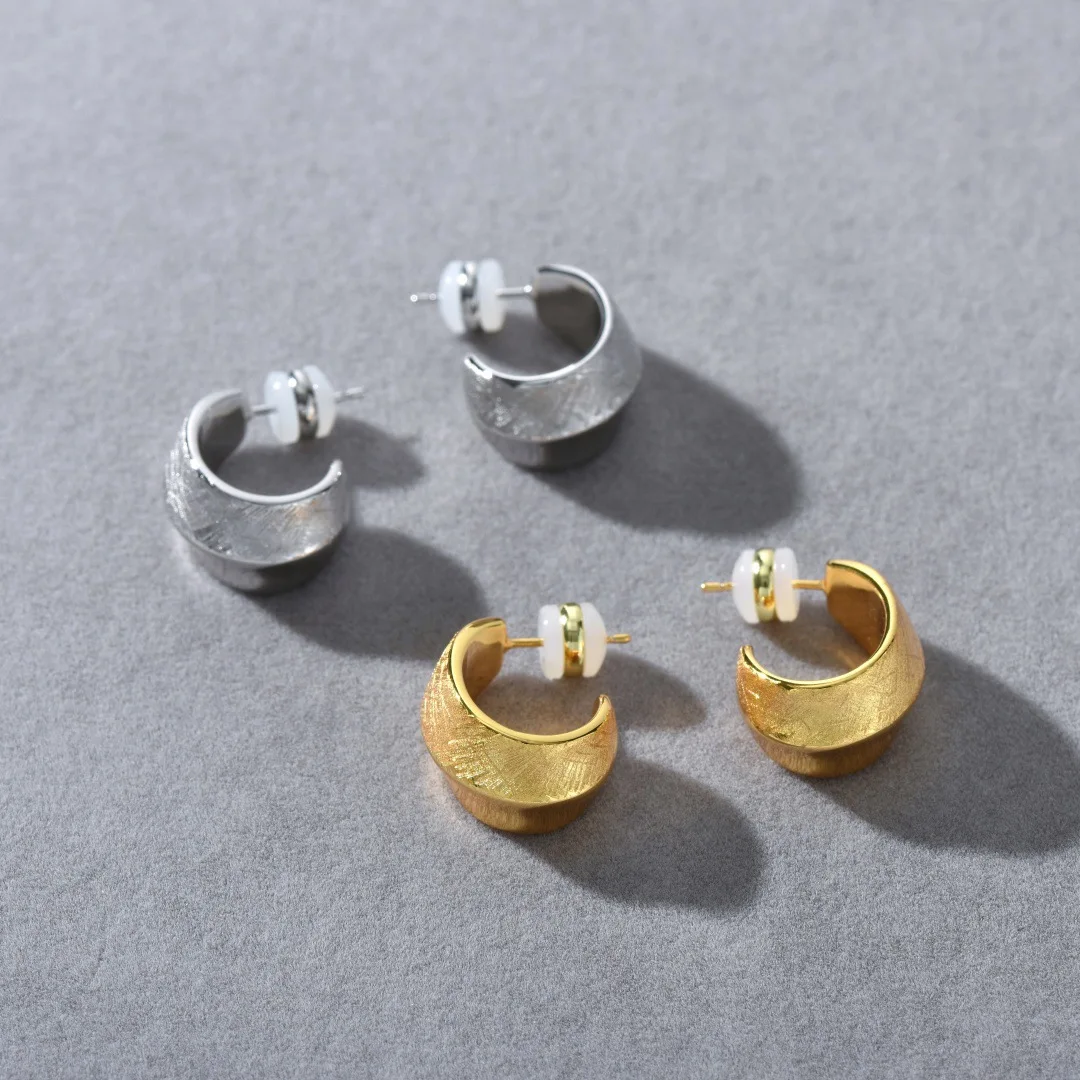 

Brushed Gold Hoops,S925 Silver Needle Ear Posts, Minimalist Everyday C-shape Earrings for Women