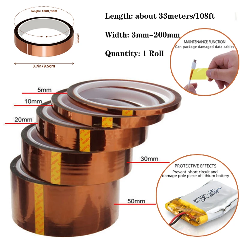 1Roll Width 3-200mm Long33meter Temperature Heat BGA Thermal Insulation Tape,Protection For CPU,PCB,3D Printing Board Protection