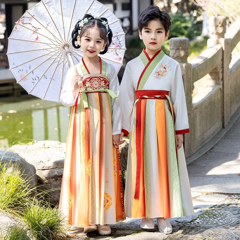 

Children Retro Tang Suit Girl Princess Style Long Dress Boy Ancient Costume Performance Clothes Fashion Print Traditional Hanfu