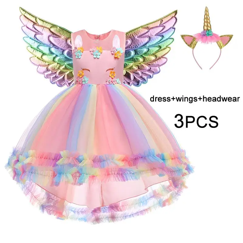 Kids Unicorn Party Dress For Girls Cosplay Costume Rainbow Unicorns Lace Birthday Wedding Princess Dresses Flower Appliques Gown