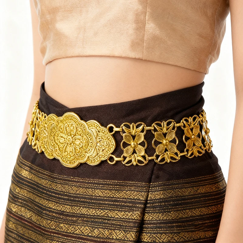 التايلاندية داي سبائك الذهب الجوف زهرة الخصر البطن سلسلة الرجعية العرقية نمط موضة المرأة رداء حزام مجوهرات للجسم اكسسوارات الحفلات