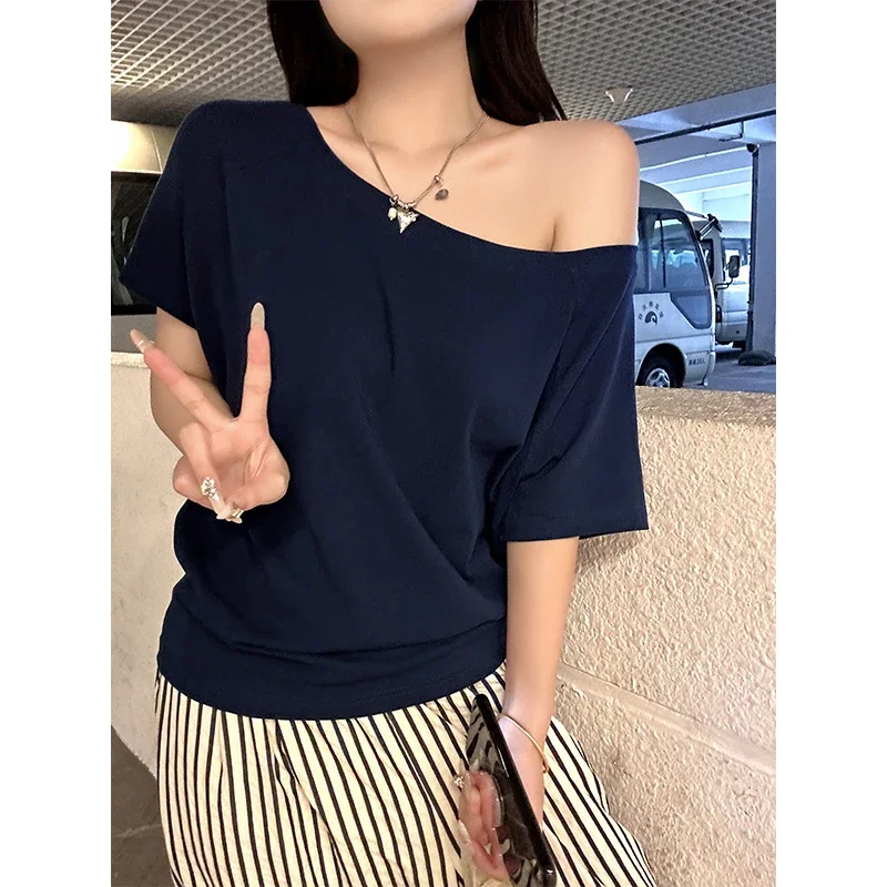 Neue Mode Slash Neck Kurzarm T-shirts Frauen Sommer Casual Lose T Shirt Damen Sexy Tau Schulter Chic Tops