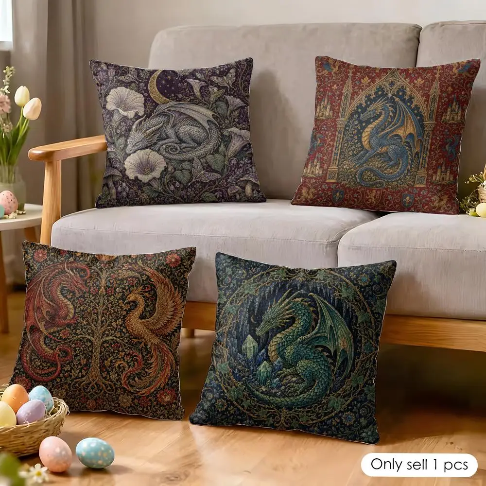 Medieval Dragon Tapestry Cushion Cover Soft Short Plush Pillow Cover Smooth Cozy Texture Aesthetic Cushion Case Home Decor