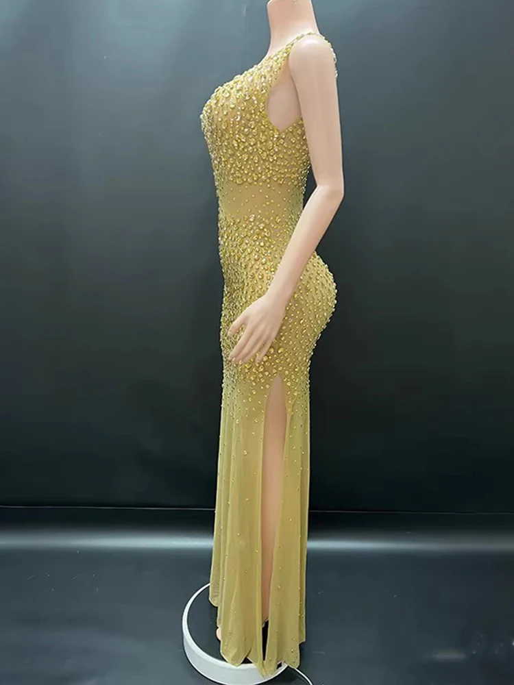 Vestido con abertura Sexy de malla elástica con diamantes de imitación de alta calidad, nueva ropa personalizada de moda para mujer 2024