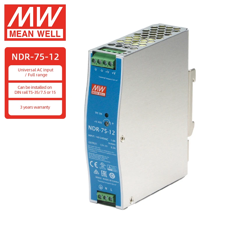 

Mean Well NDR-75 Series DC 12V 24V 48V 6.3A 3.2A 1.6A 75W Single Output Industrial DIN Rail Power Supply