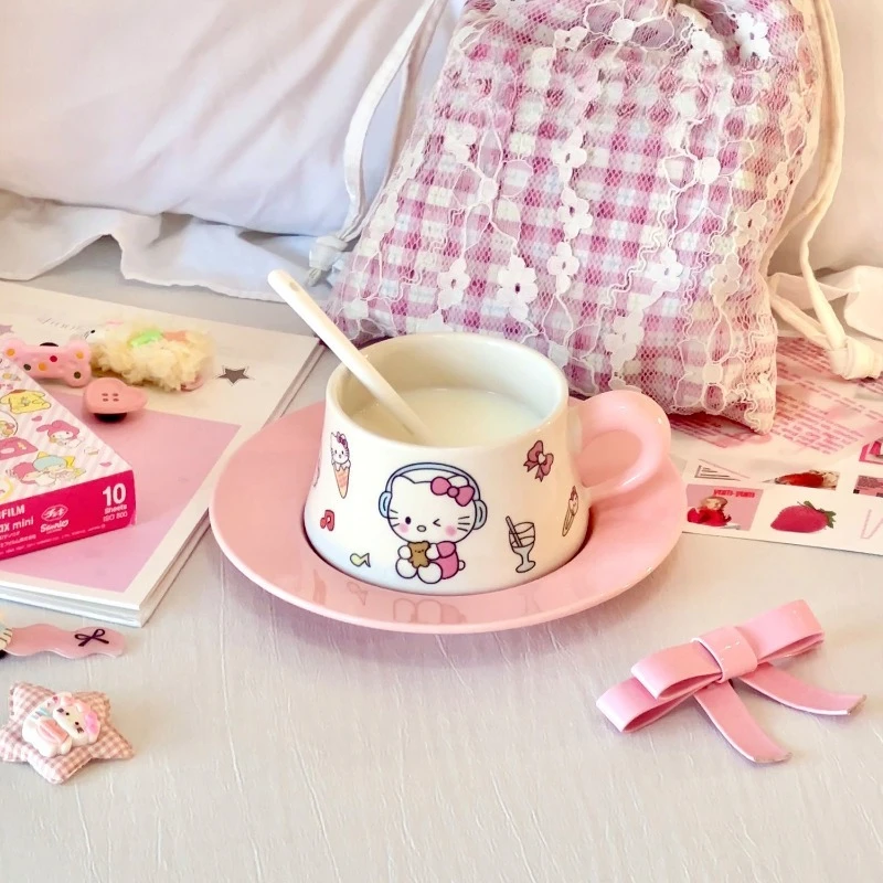 

New Kawaii Hello Kitty Food Grade Cartoon Ceramic Cup and Plate Set Cute and High-value Coffee Cup for Home Use Girl's Gift