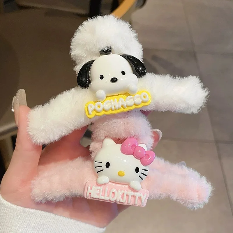 Hello Kitty Sweet Girl Double-sided Plush Scratch Clip Cartoon Cute Shark Clip High-value Hair Clips Hair Accessorie Christmas