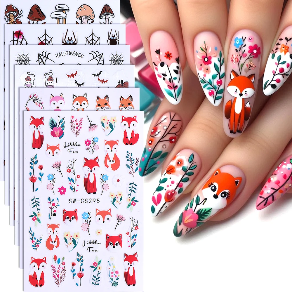 6 قطعة/المجموعة 3D الخريف مسمار الفن ملصقات العنكبوت اليقطين الفطر الزهور مسمار سيلدر الشارات للنساء هالوين مانيكير الديكور #1