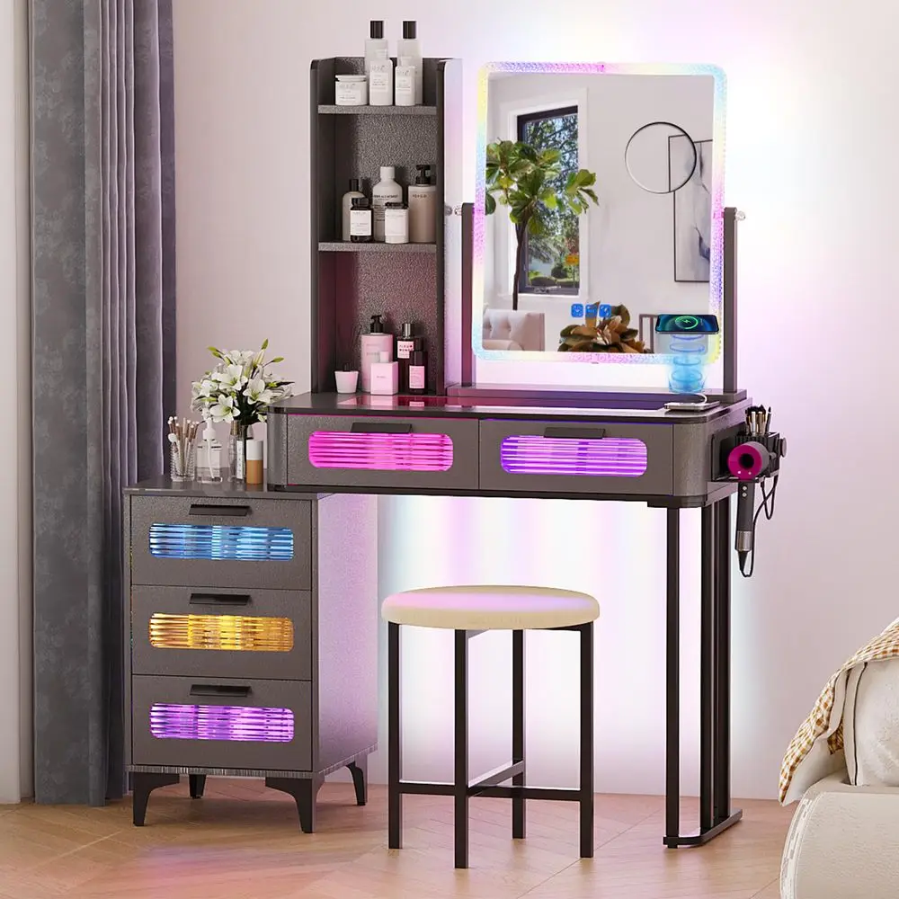 Make Up Vanity with Wireless Charging Station,7 Dynamicamp7 Static Dimmable Vanity Desk with Swivel Mirror and Lights,Makeup Va