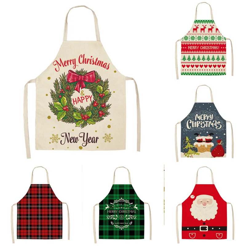 Christmas Apron Linen Stain Resistant Santa Plaid Print   Women Baking Accessories Kids