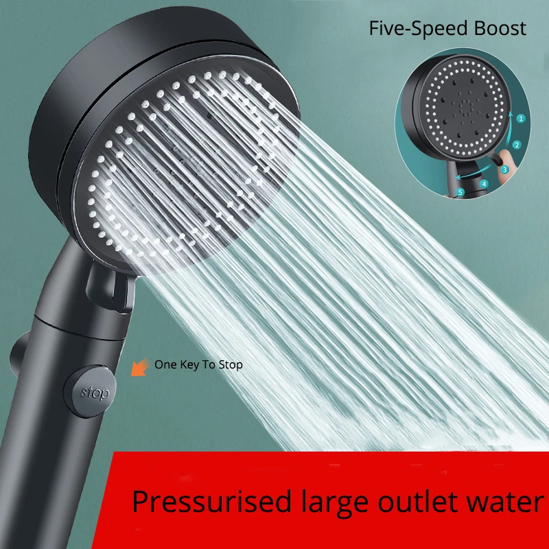 Black 5 Mode Adjustable High Pressure Shower Head Water Saving With One-key Stop Water Shower Holder Hose Bathroom Accessories