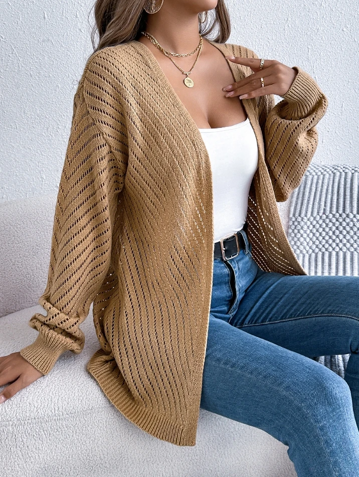 

Women's Sweater Coat Simple and Personalized Retro Casual Solid Color Hollow Out Long Sleeved Cardigan Sweater Coat Outwear