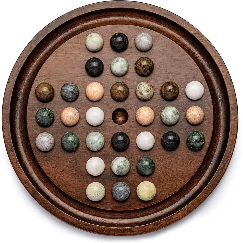 

Набор для игры в солитер Lingle Deluxe: деревянная доска 12,6 дюйма, 32 шарика из натурального мрамора, стратегия для одного игрока и умные игры