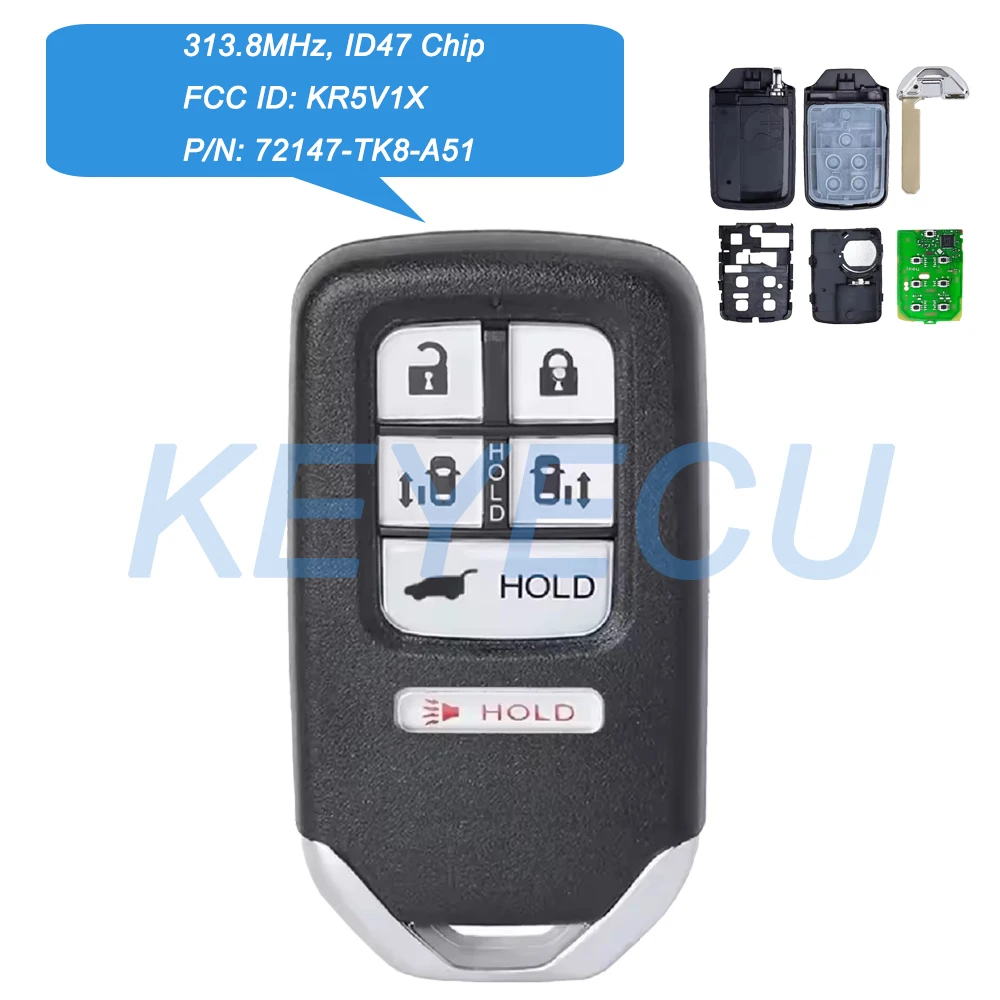 

Keyecu для Honda Odyssey 2014 2015 2016 2017 умный дистанционный автомобильный брелок 313,8 МГц с чипом ID47 FCC ID: KR5V1X P/N: 72147-TK8-A51