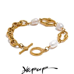 Yhpup 316l Stainless Steel Natural Pearl Chain Toggle-Clasps Bracelet Bangle for Women Elegant Fashion Jewelry Bijoux Waterproof