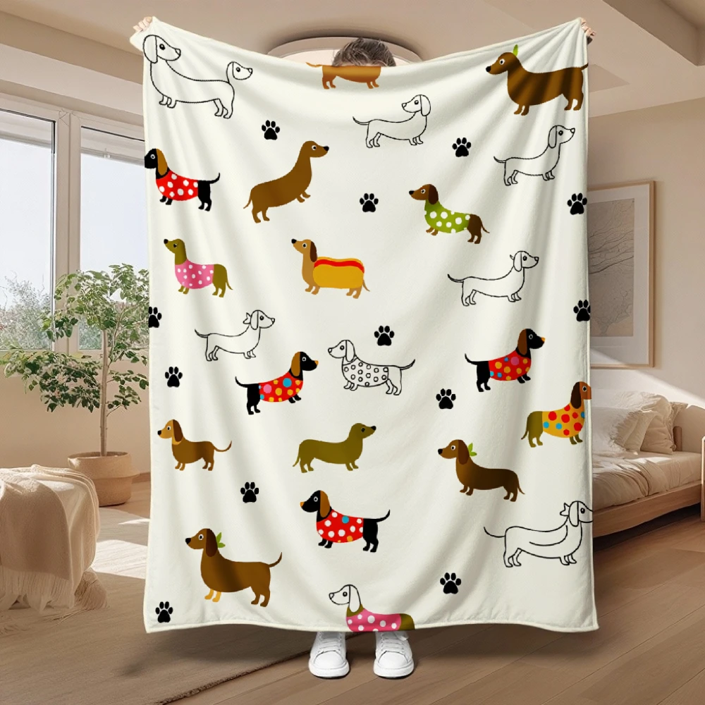 Dachshund Dog Throw Blanket Cute Sausage Puppies Paw Print Pattern Cozy Bed Blankets Luxury Decor for Sofa Couch Bed Living Room