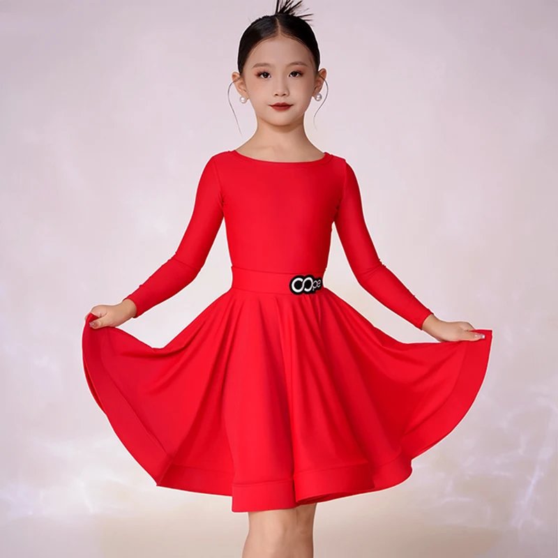 Rotes lateinamerikanisches Tanz-Wettbewerbskleid für Mädchen, professionelles Performance-Kostüm, Rundhalsausschnitt, lange Ärmel, Tanzanzug für Kinder, lateinamerikanisches Kleid 2031