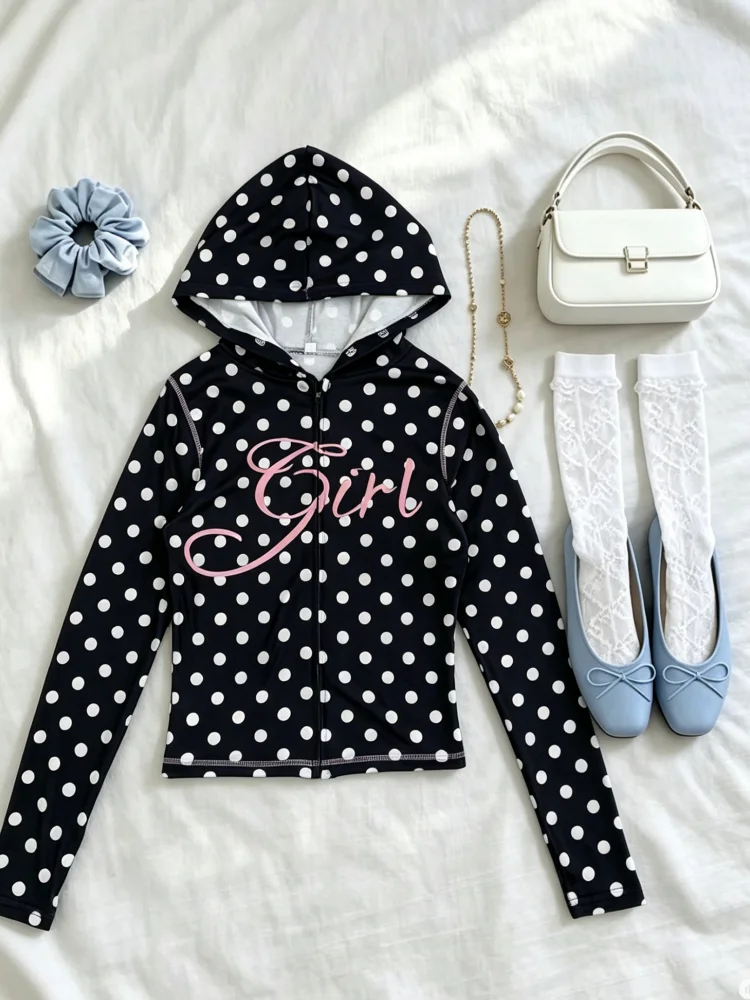 

Coquette Black Polka Dot Hoodie Jacket Women With Girl Letter Print Detail For Daily Wear And Street Outfit