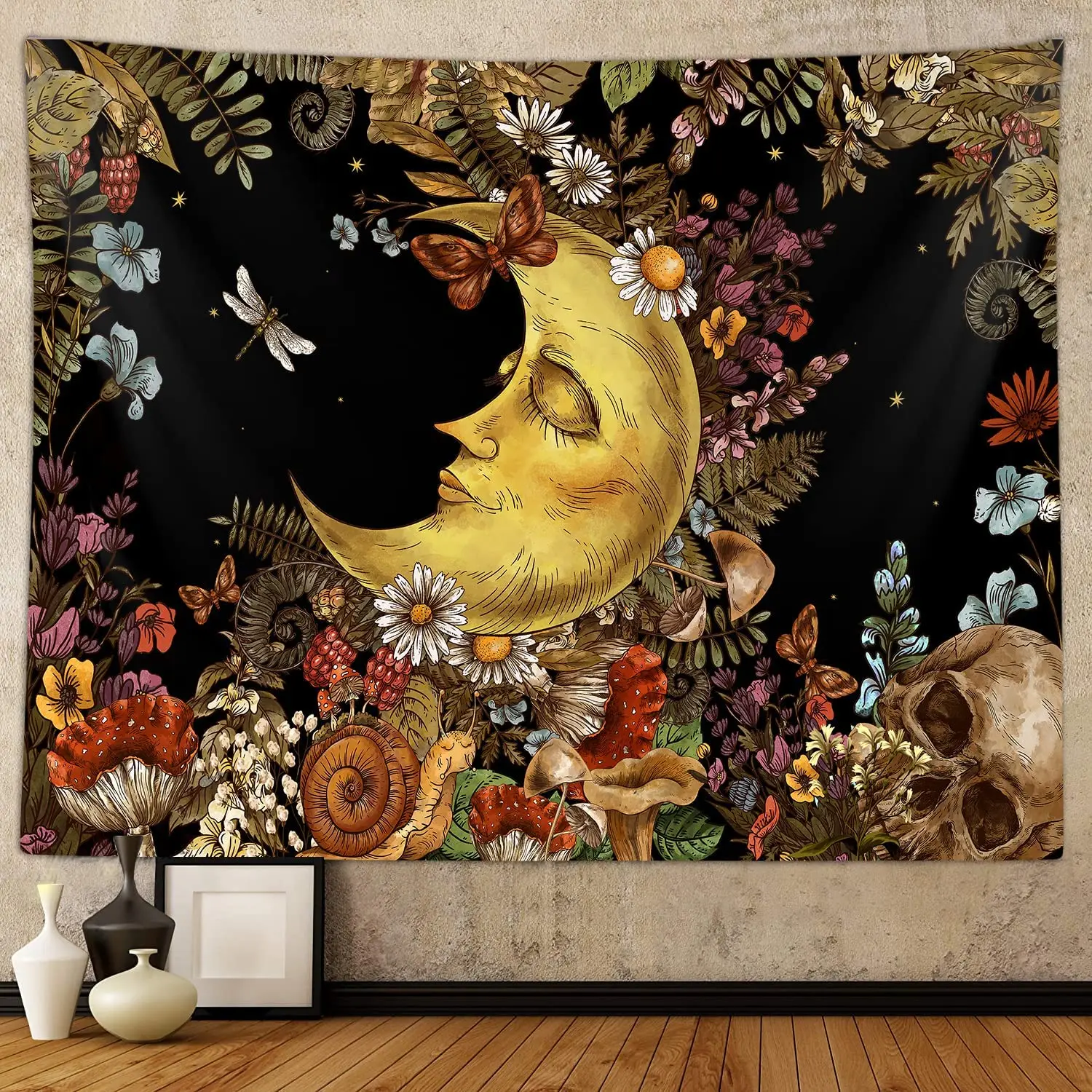 Böhmischer Mondteppich |   Flacher bedruckter Retro-Pilz-Sonnen- und Mondkunst-Wandbehang mit braunem Totenkopf für Schlafzimmer, Pflanzenwohnheim