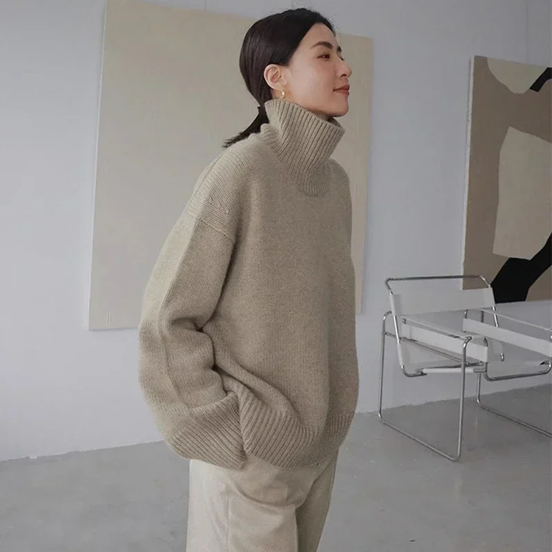 Loose Knitted Pullovers 2026 Autumn Winter High Neck Oversized Sweater Women Casual Long Sleeve Jumper Women's Turtleneck