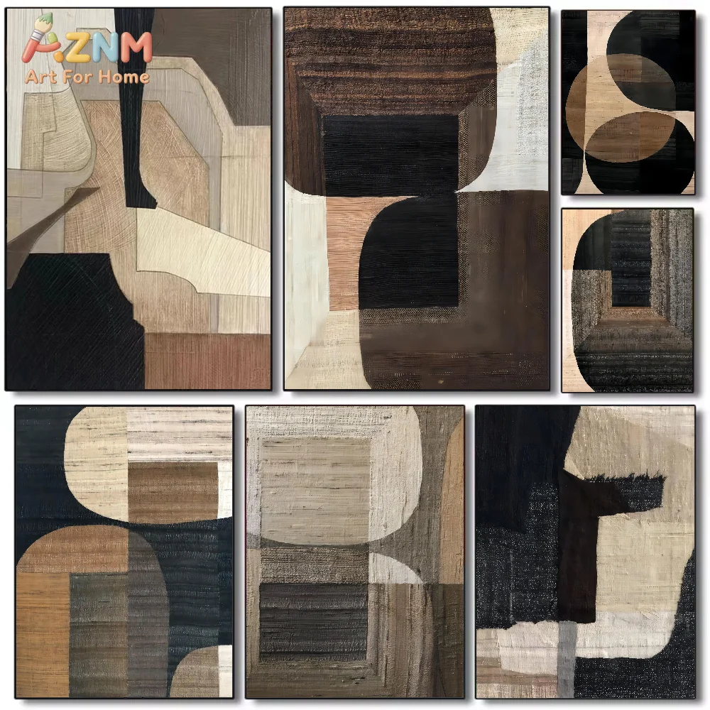 AZNM Neutral Brown Black Geometric Abstract Canvas Print Textured Block Shape Minimalist Modern Living Room Wall Poster Unframed