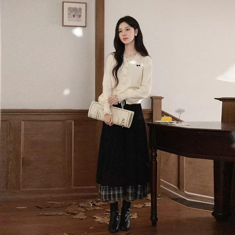 MEXZT Gonna longuette in velluto a coste vintage Donna Harajuku Bow Plaid Patchwork Gonne nere Inverno giapponese Streetwear Casual Faldas Nuovo