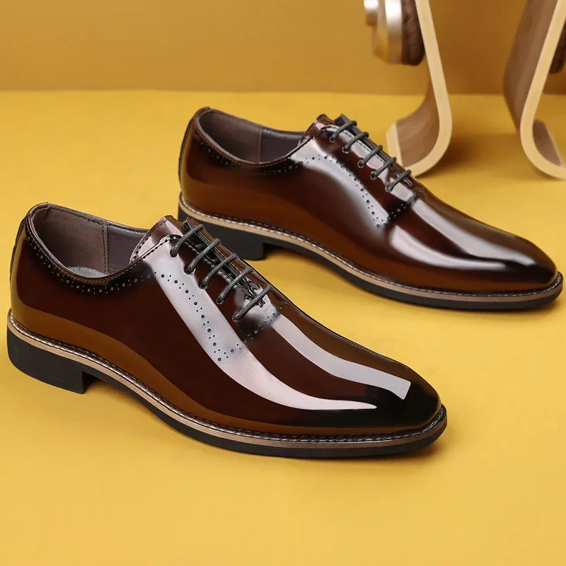 

Men's Shoes 2025 New Business Formal Leather Shoes, Fashionable Patent Leather Shiny Surface, Lace Up Comfortable Wedding Shoes