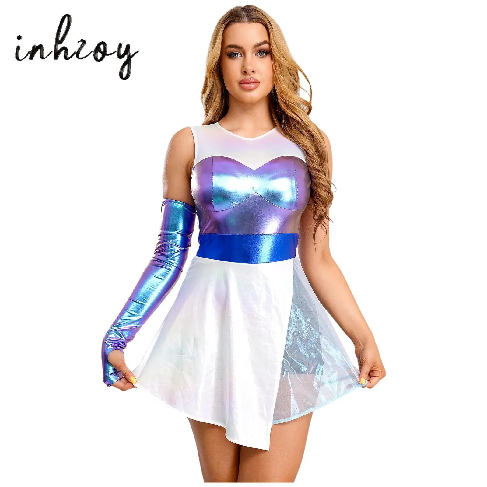 

Womens Outerspace Astronaut Cosplay Costume Iridescent Metallic Color Block Patchwork Hem Jumpsuit A-line Dress with Oversleeve