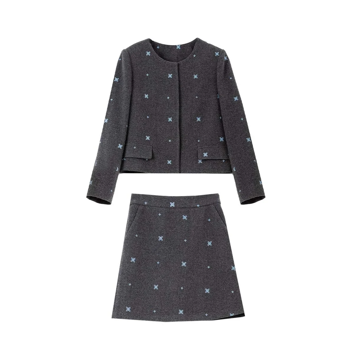 VIMLY Women Two-piece Set 2026 Fall Winter Grey Floral Embroidery Fashion Long Sleeve Coat Mini Skirt Matching Set Female A3083