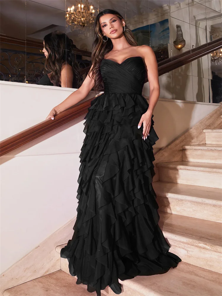 New Product Sweetheart Neckline Strapless Chiffon Straight Evening Dress Elegant Open Back Zipper Floor Length With Ruffles Gown