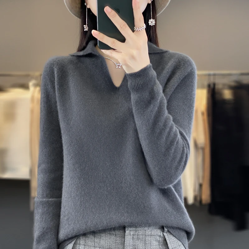 100% Merino Wool POLO Neck Sweater For Women 2023 Autumn/Winter New Thick Sweater Jacket For Women Solid Color Knit Pullover