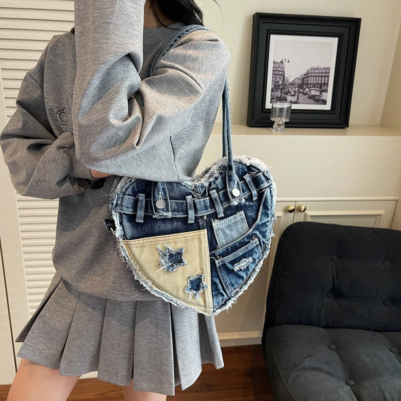 

Denim Zipper Sewing Sweet Shoulder Bags Heart Shape Versatile Crossbody Bag 2025 High Quality Large Capacity Ladies Bags