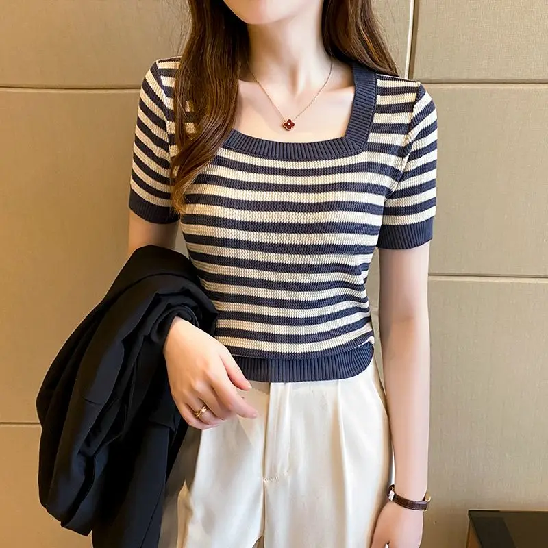 Korean Casual Summer T-Shirts Women Square Collar Ice Silk Striped Contrast Color Fashion Elegant Slim Short Sleeve Knit Tops