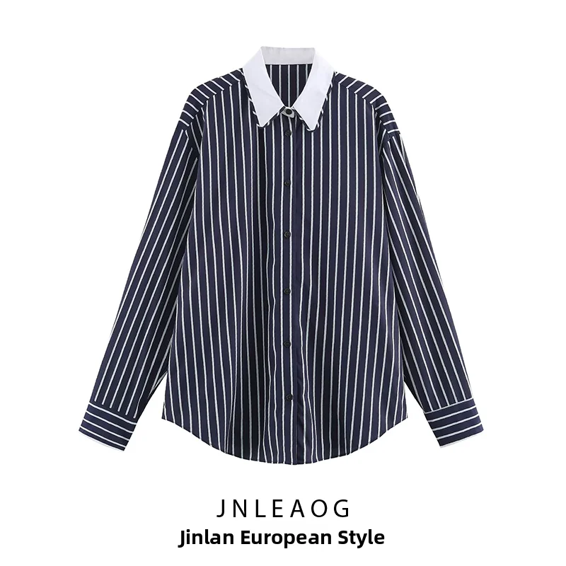 JNLEAOG Autumn New Women's Shirt Striped Silk Twill Versatile Quality Long Sleeve Polyester Fiber 100% European Style