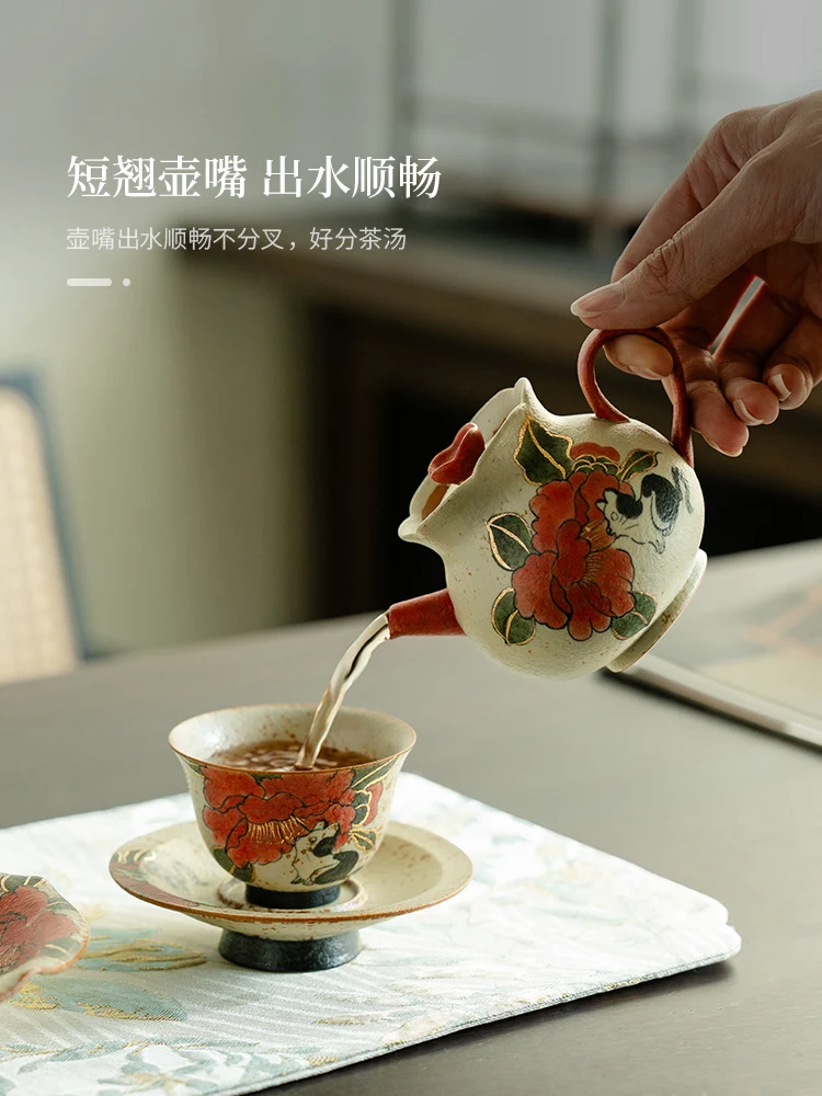 Blue and White Fire Stone Red Ceramic Teapot Creative Pure Hand Drawing Cat Camellia High-End Set