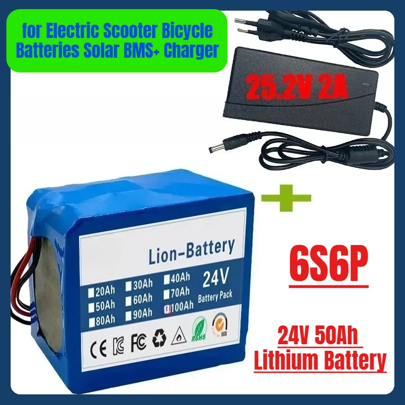 

24V 50Ah Lithium Battery 6S6P Rechargeable Battery Packs for Electric Scooter Bicycle Batteries Solar BMS+ Charger