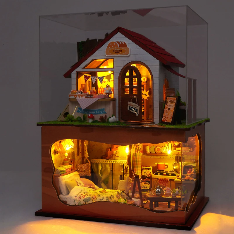 DIY Bakery Store Casa Houten Miniatuur Model Kit 3D Puzzel Poppenhuizen Met Meubels Poppenhuis voor Vrienden Verjaardagscadeaus