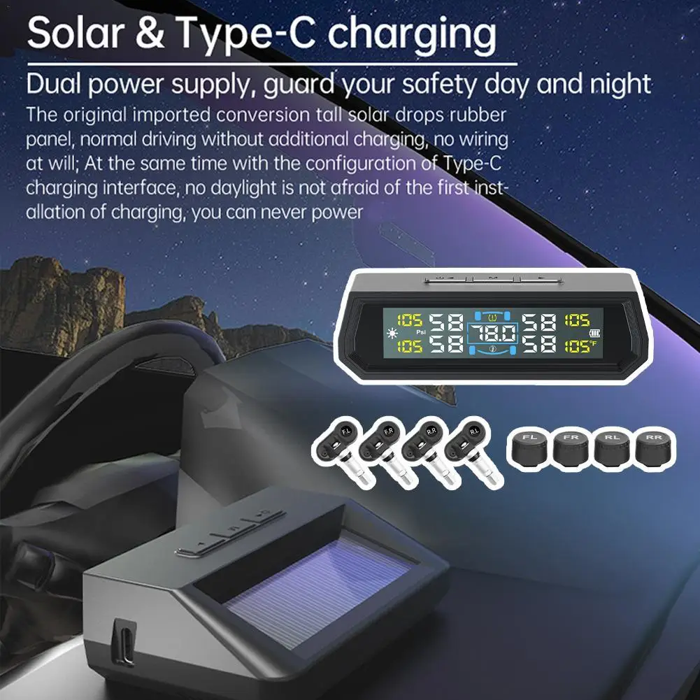 

NEW 0-5Bar Car Tire Pressure Monitoring System Universal In Car Temperature Display USB / Solar TPMS Auto Security Alarm Systems