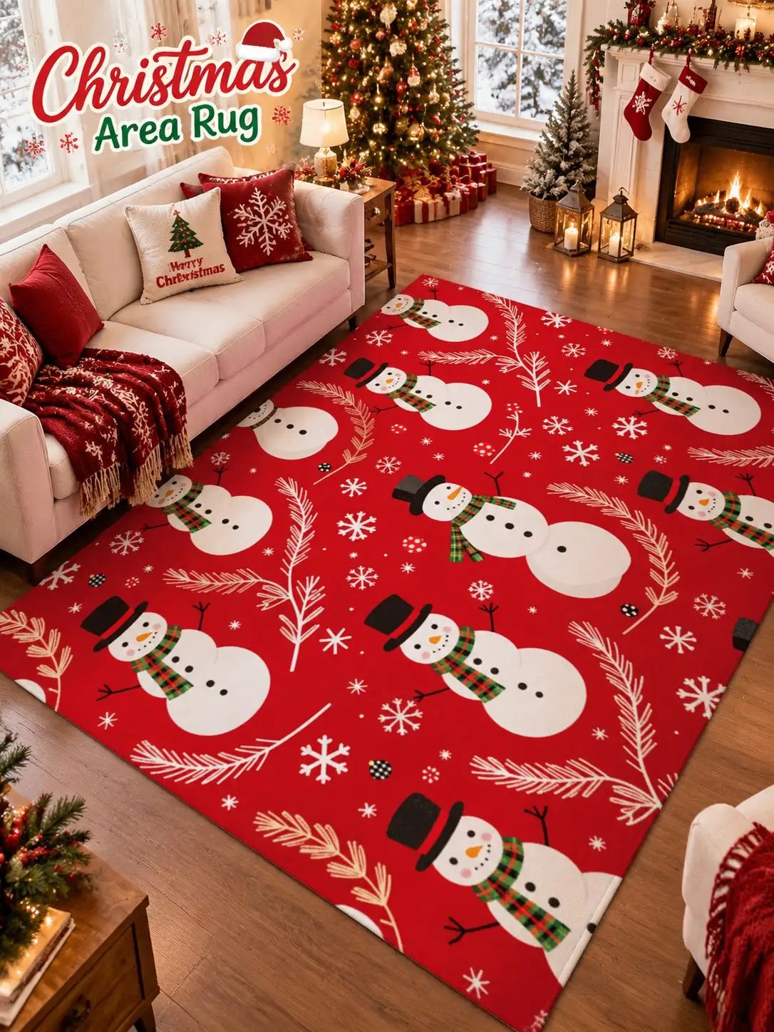 Christmas Rug Snowmen Scarves Snowflakes Living Room Bedroom Entryway Hallway Floor Carpet Gift for Family Friends Neighbors Winter Thanksgiving Birthday Anniversary Housewarming Apartment Cottage Home Styling Sofa Side Reading Nook Holiday Gathering
