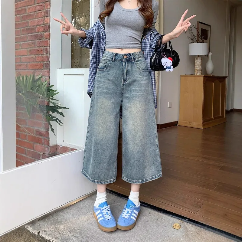 

UNITIM Summer Female Calf-length Pant Retro Gradient Color Lady Denim Shorts Wide Leg Washed High Waist Casual Women Shorts