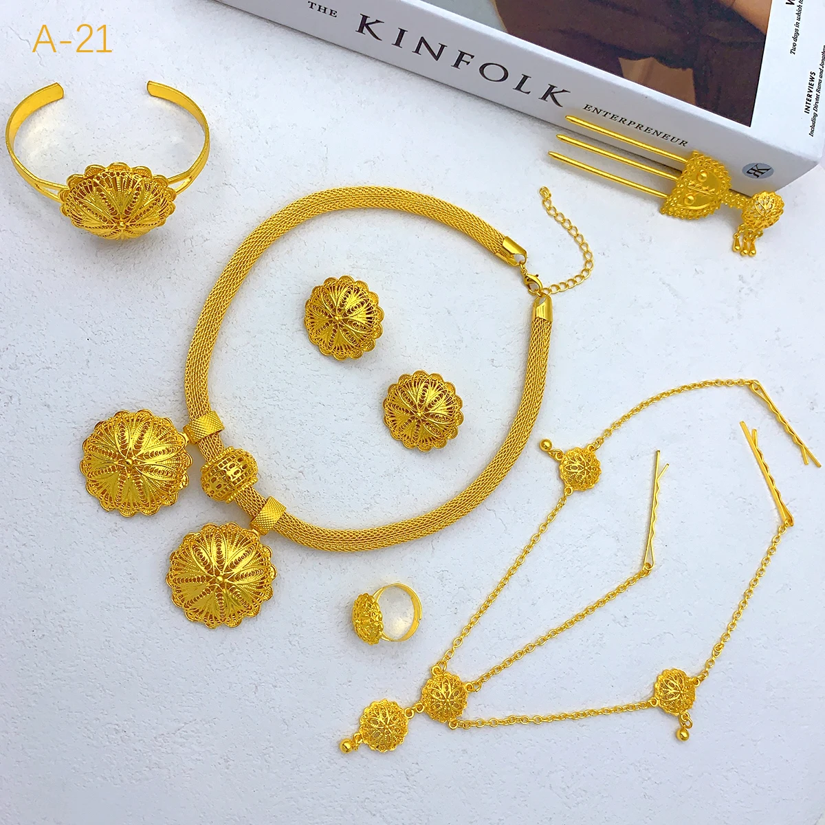 Ethiopian Flower Shape 24k Gold Plated 6pcs Jewelry Sets For Women Dubai Nigerian Luxury Necklace Jewellery Set Wedding Gifts