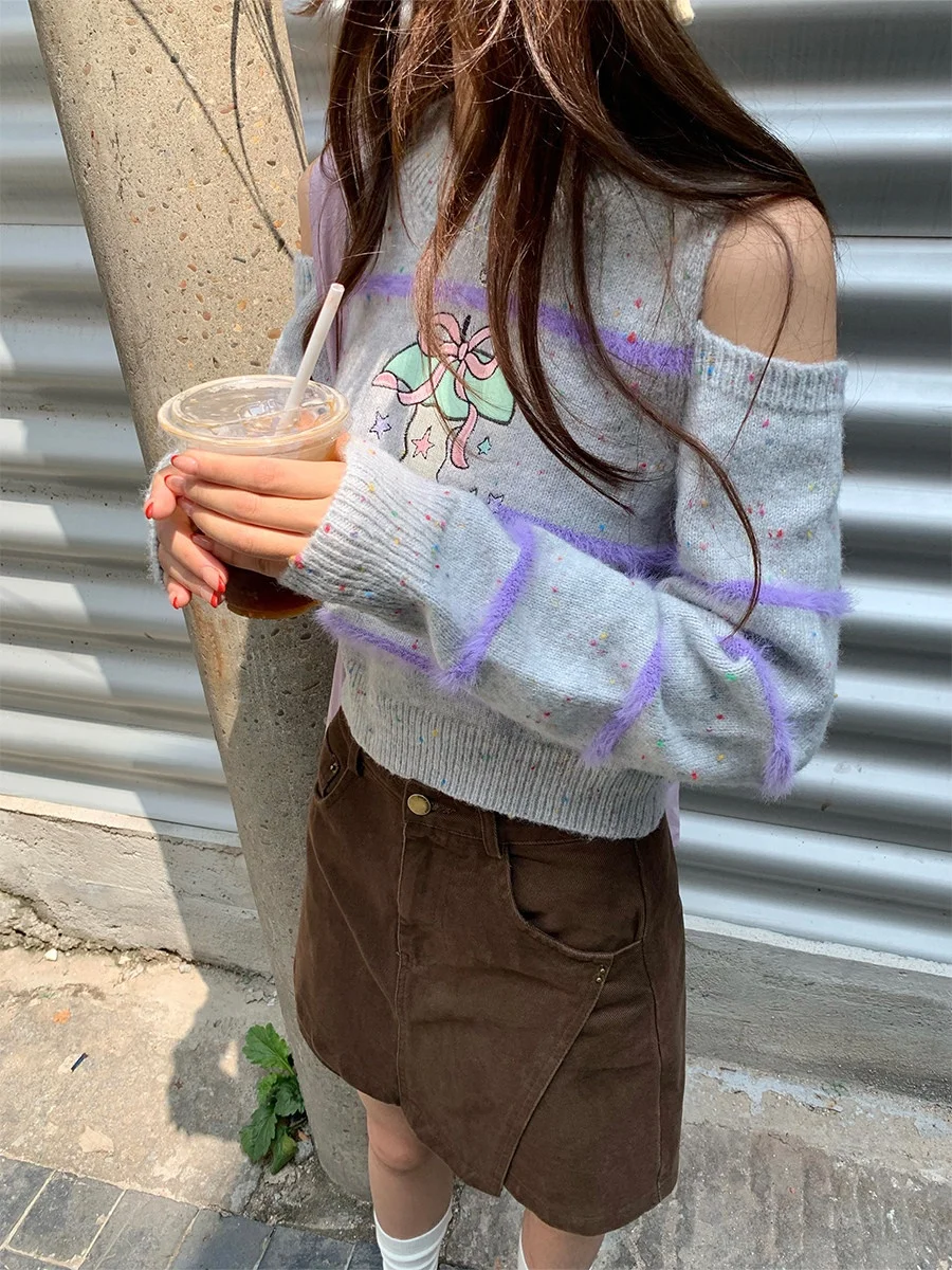 

CCKOK Shoulder-Bared Knitted Sweater Casual Loose Soft Girl's Autumn Fashion Design Comfortable Long Sleeve Crew Neck Top