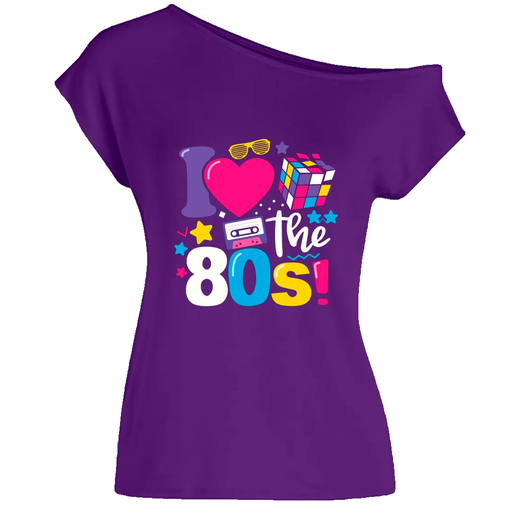XUANSHOW 2024 Sommer I Love the 80s Emotional Element T-Shirt Sexy Off Shoulder Tops Kurzarm Buchstaben bedrucktes T-Shirt – Detail 33