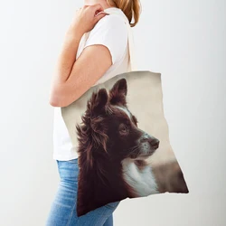 Reusable Double Print Pet Animal Casual Canvas Tote Women Shopper Bag Cute Scotland Border Collie Dog Lady Shopping Bags Handbag